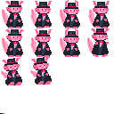 A spritesheet for a cute little pink axolotl magician with a top hat, tuxedo and bowtie