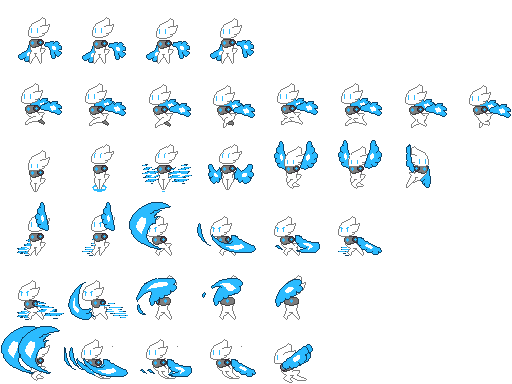 A spritesheet containing many sprites of a white robotic bird-like creature with blue holographic wings