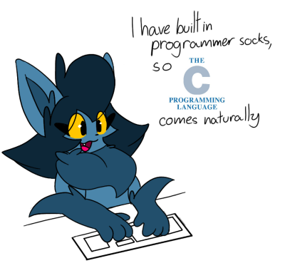 A drawing of Kett at a keyboard, saying: "I have built in programmer socks, so The C Programming Language comes naturally