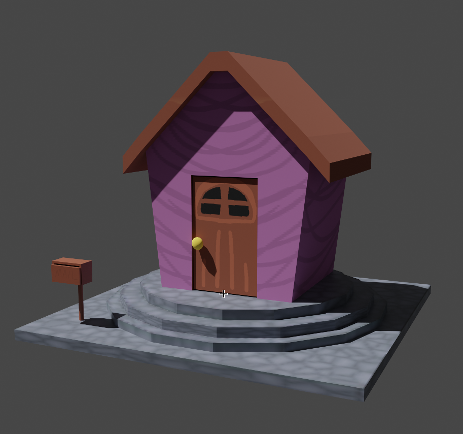 A pink-purple house, a very simple model with hand-drawn textures, giving it a childish look