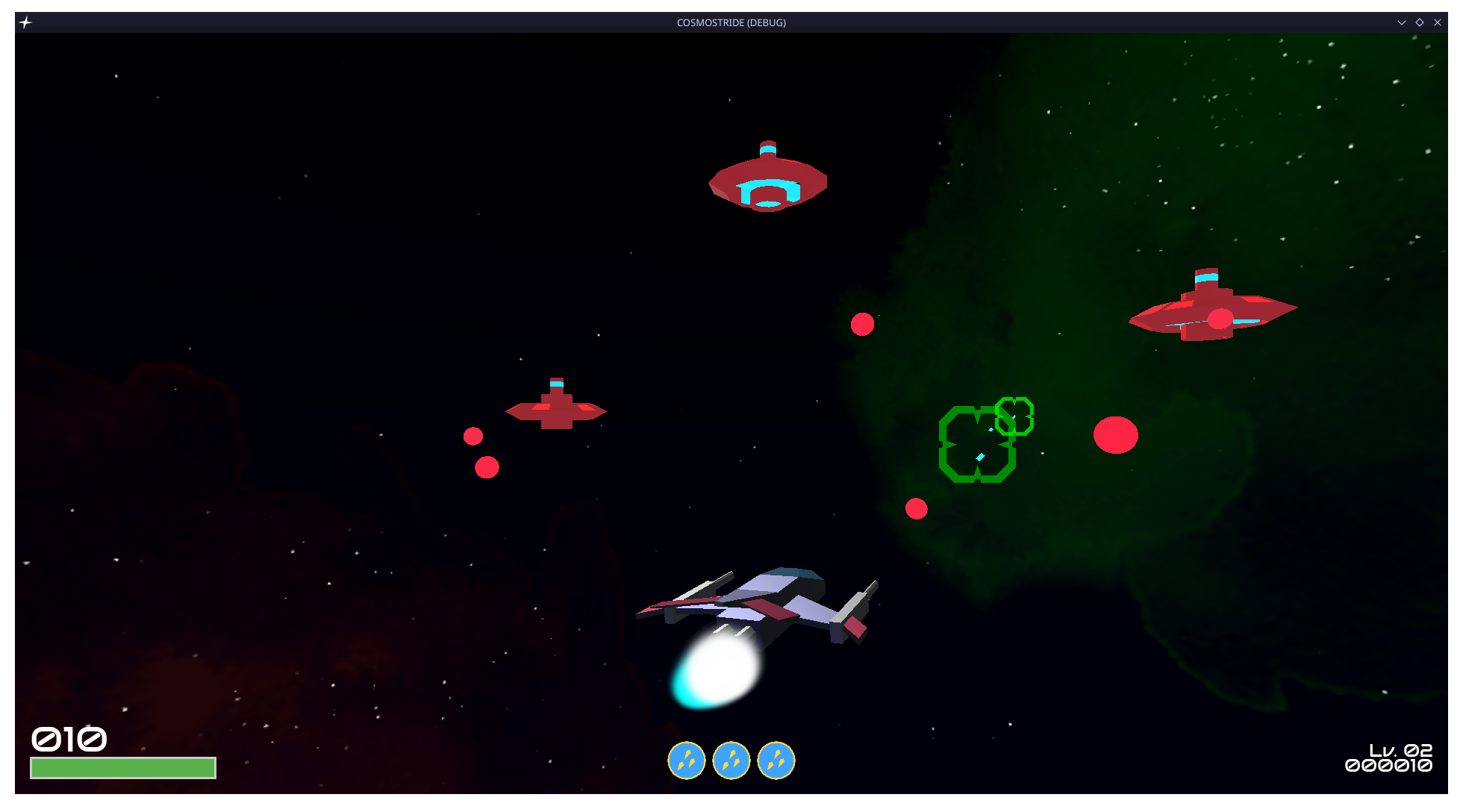 An in-game screenshot showing the player model and three enemies shooting at it