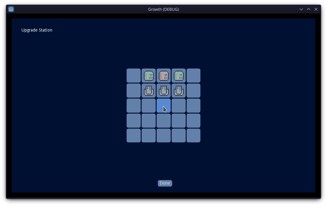 A screenshot of an upgrade menu, it is a 5x5 grid of buttons which are empty, but some are filled in with sprites of modules