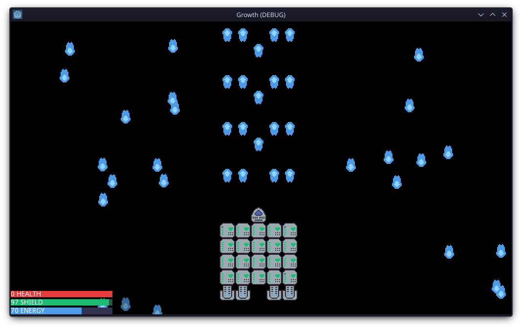 Another screenshot of the prototype, this time in game, the player ship has twenty shield modules equipped and four guns, but no health at all. On the bottom, there are three bars, one says "0 Health," the second says "97 Shield," and the last one, "70 Energy"