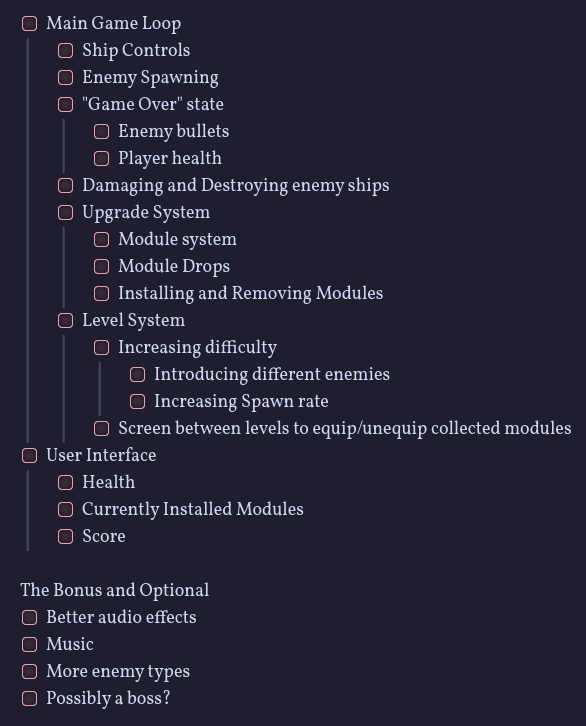 A task list, featuring many different items organized hierarchically and a set of "Bonus and Optional" items beneath them