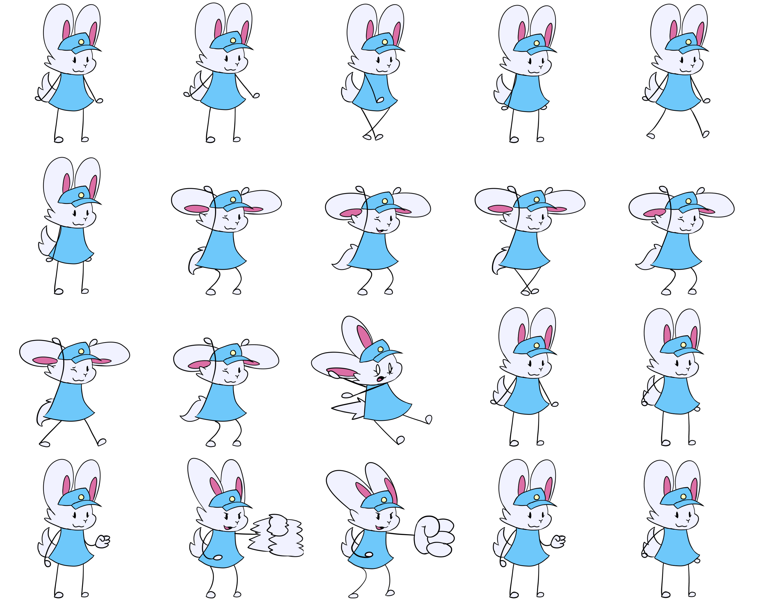 Sprite sheet for a white postbunny with a light blue dress and a cap with a circular emblem, player character for the game Bunpacking