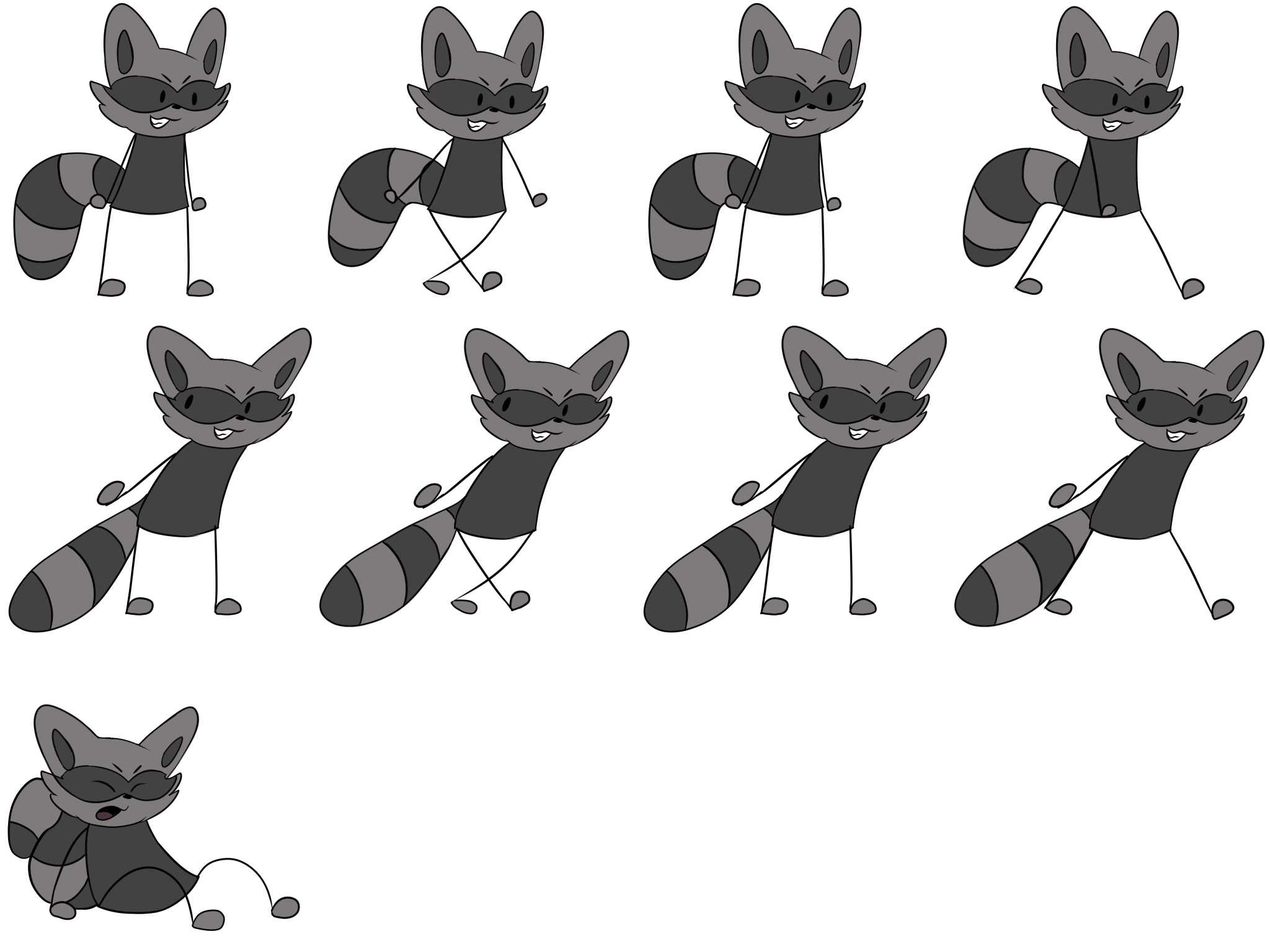 Spritesheet for the Nabber, a raccoon with a constant devious grin on its face, the enemy in Bunpacking